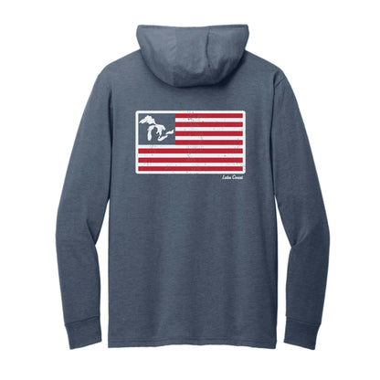 Great Lakes American Flag triblend long sleeve hooded tee